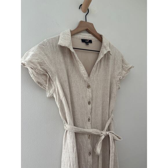 Lulus Italian Summer Linen Midi Dress Womens Medium Beige Button Front Tie Waist - Picture 5 of 13
